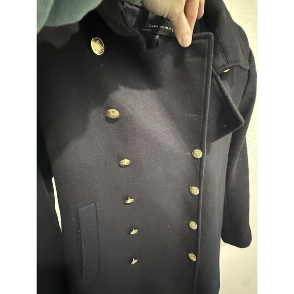Zara Women's Black Wool Pea Coat w/Gold Buttons Mid Length Size Large - Picture 3 of 8